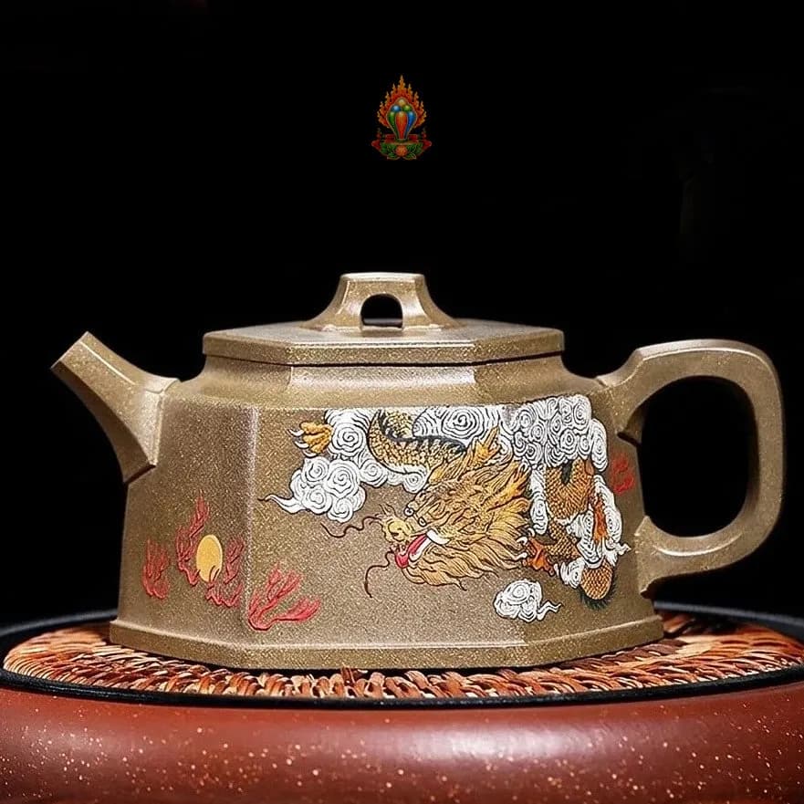 Ấm tử sa Lục Phương thanh khôi nê vẽ Rồng kèm 2 chén cao cấp 300ml